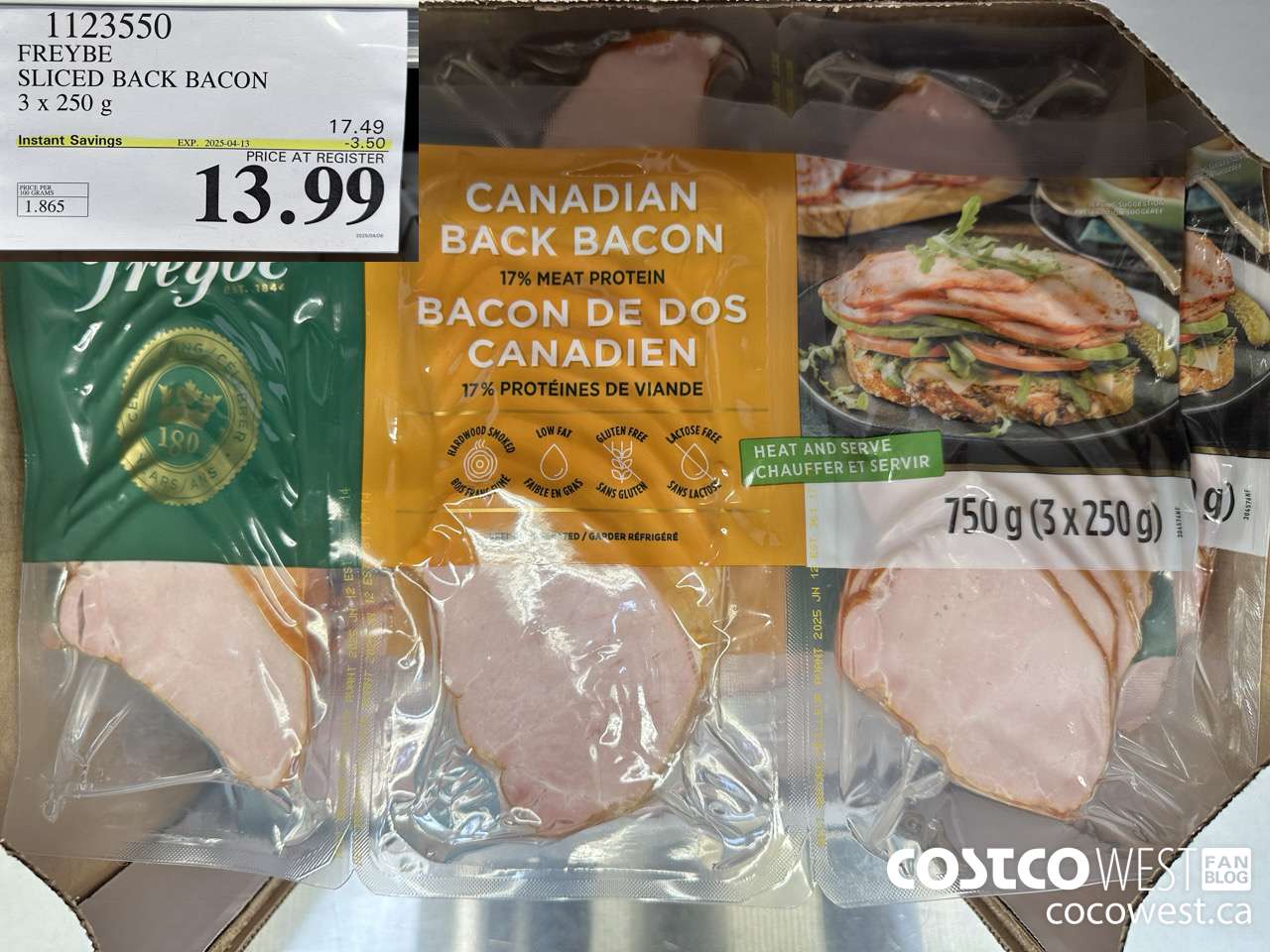 1123550 FREYBE SLICED BACK BACON 3 x 250 g ($3.50 INSTANT SAVINGS EXPIRES ON 2025-04-13) $13.99