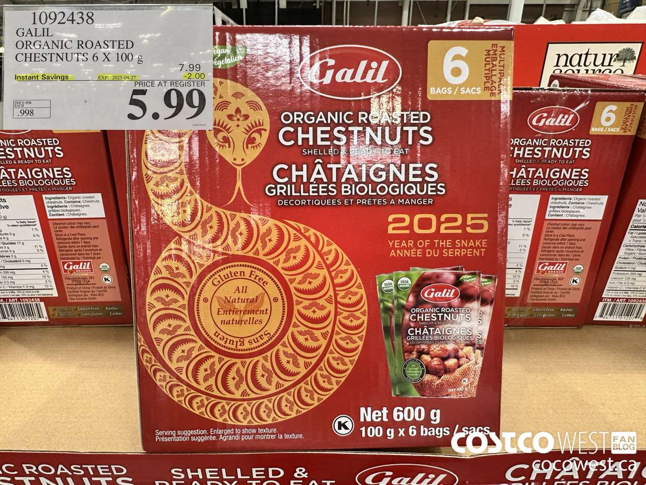 1092438 GALIL ORGANIC ROASTED CHESTNUTS 6 X 100G ($2.00 INSTANT SAVINGS EXPIRES ON 2025-04-27) $5.99