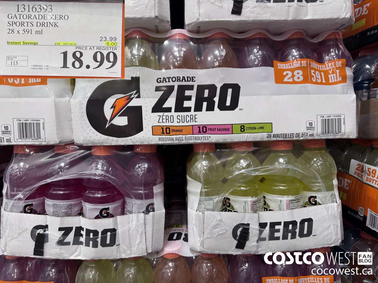 1316393 GATORADE ZERO SPORTS DRINK 28 x 591 ml ($5.00 INSTANT SAVINGS EXPIRES ON 2025-04-20) $18.99