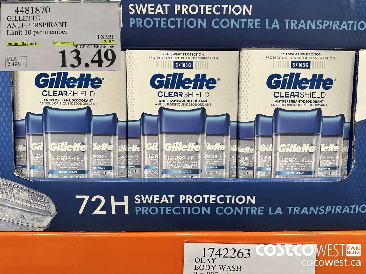 4481870 GILLETTE ANTI-PERSPIRANT 5 x 108 g ($3.50 INSTANT SAVINGS EXPIRES ON 2025-05-11) $13.49
