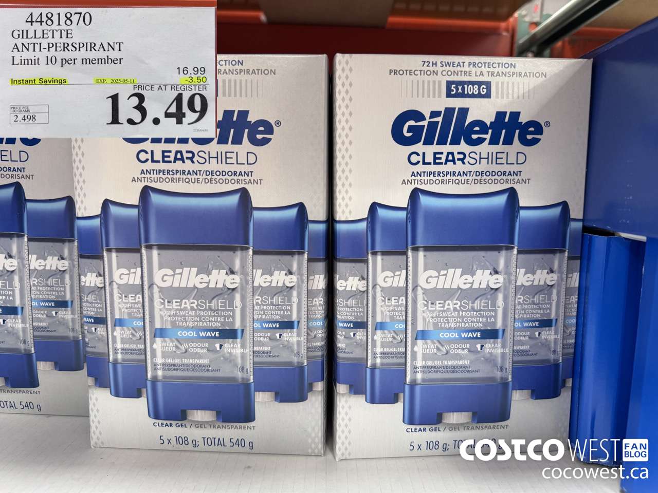 4481870 GILLETTE ANTI-PERSPIRANT 5 x 108 g ($3.50 INSTANT SAVINGS EXPIRES ON 2025-05-11) $13.49