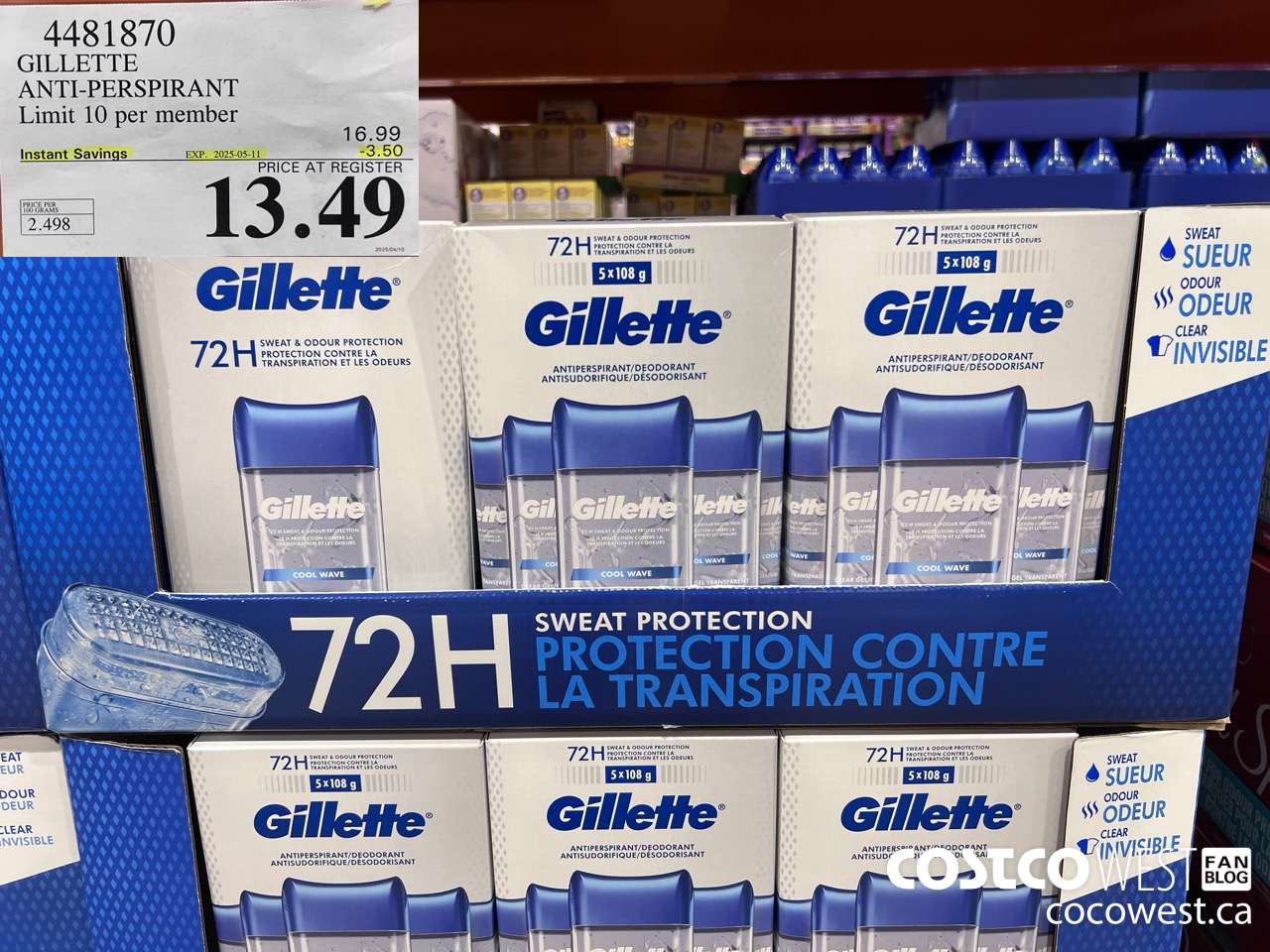 4481870 GILLETTE ANTI-PERSPIRANT 5 x 108 g ($3.50 INSTANT SAVINGS EXPIRES ON 2025-05-11) $13.49