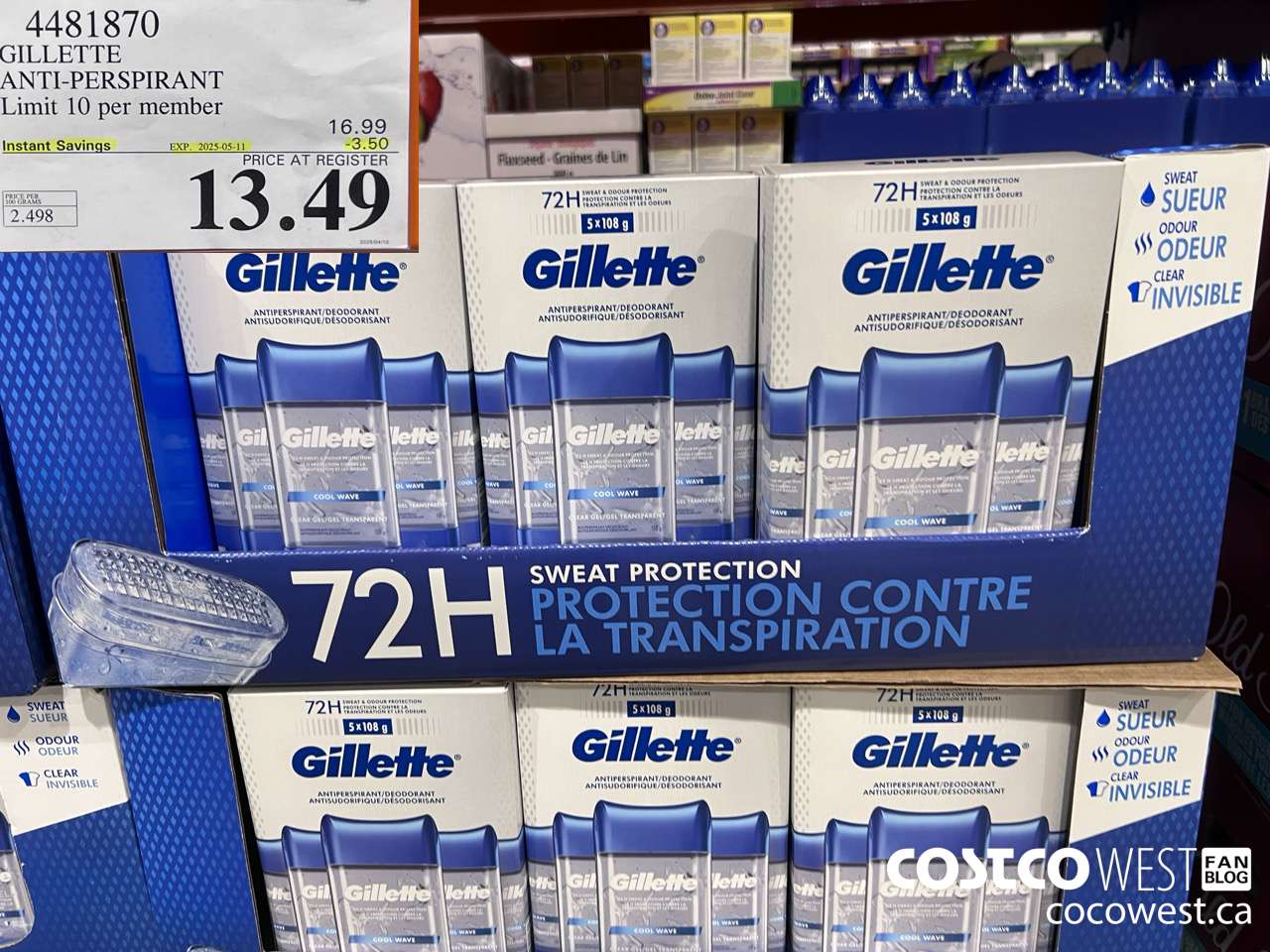 4481870 GILLETTE ANTI-PERSPIRANT 5 x 108 g ($3.50 INSTANT SAVINGS EXPIRES ON 2025-05-11) $13.49