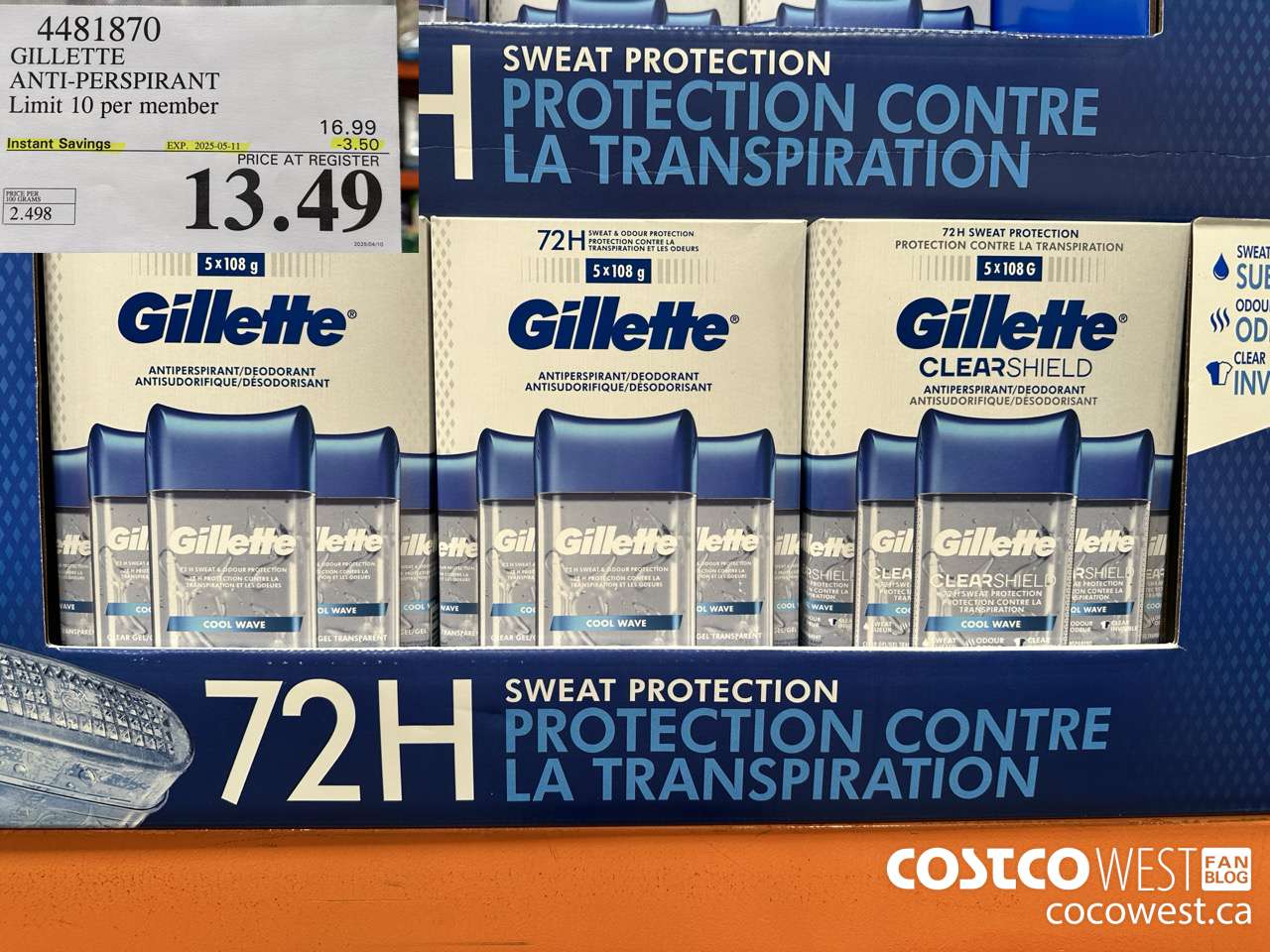 4481870 GILLETTE ANTI-PERSPIRANT 5 x 108 g ($3.50 INSTANT SAVINGS EXPIRES ON 2025-05-11) $13.49