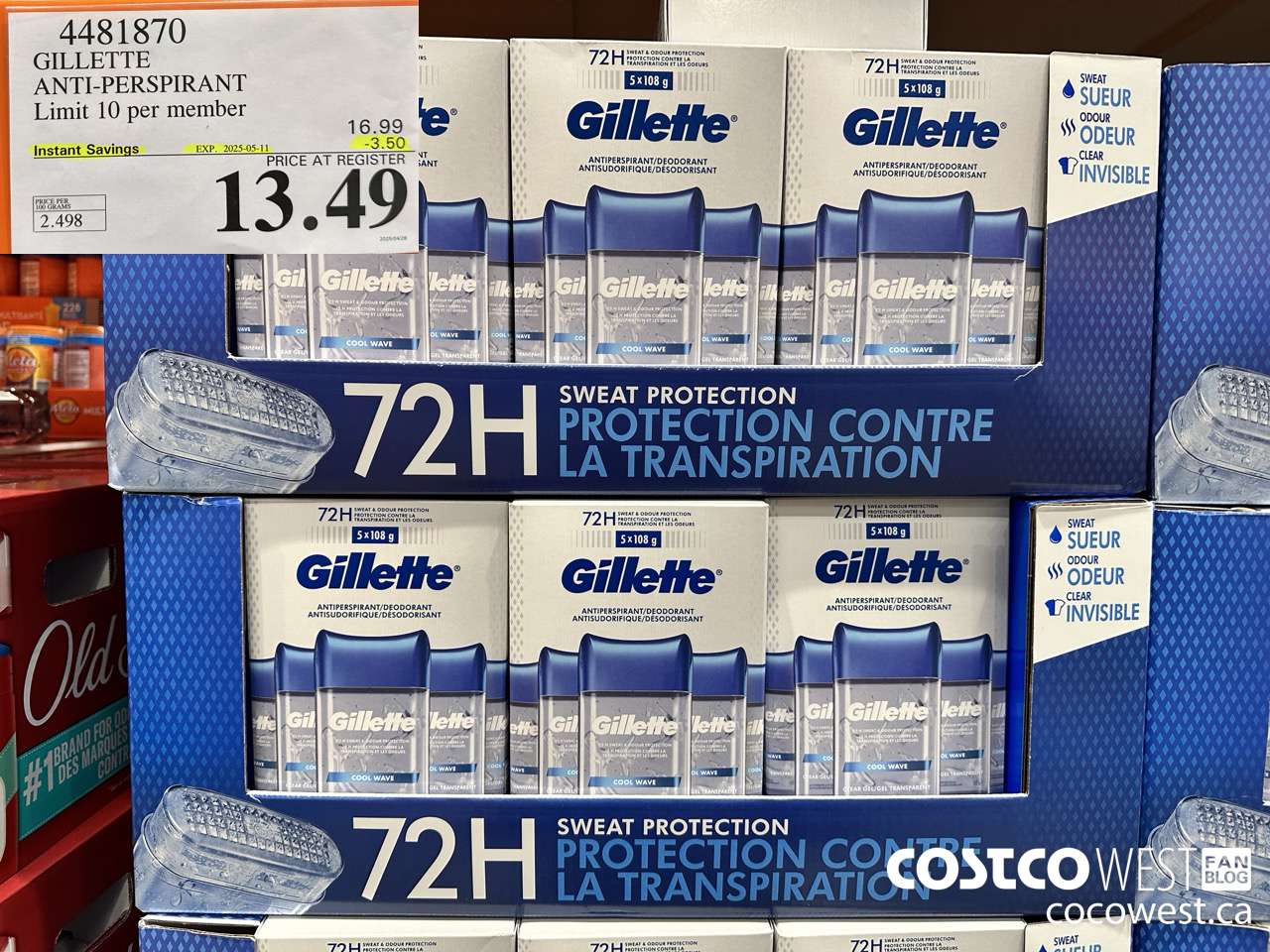 4481870 GILLETTE ANTI-PERSPIRANT 5 x 108 g ($3.50 INSTANT SAVINGS EXPIRES ON 2025-05-11) $13.49
