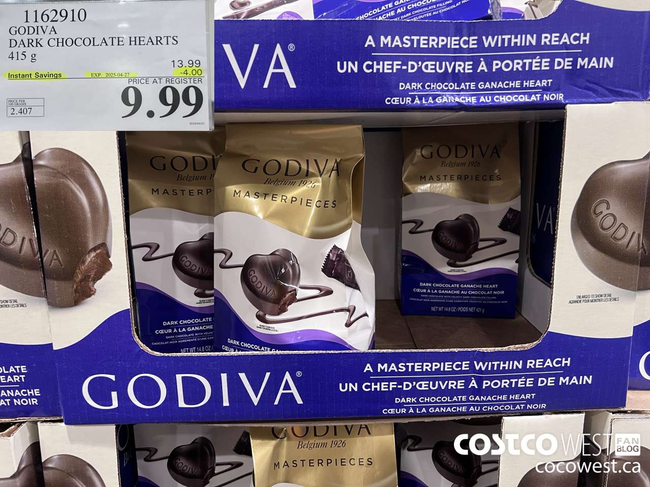 1162910 GODIVA DARK CHOCOLATE HEARTS 415 G ($4.00 INSTANT SAVINGS EXPIRES ON 2025-04-27) $9.99