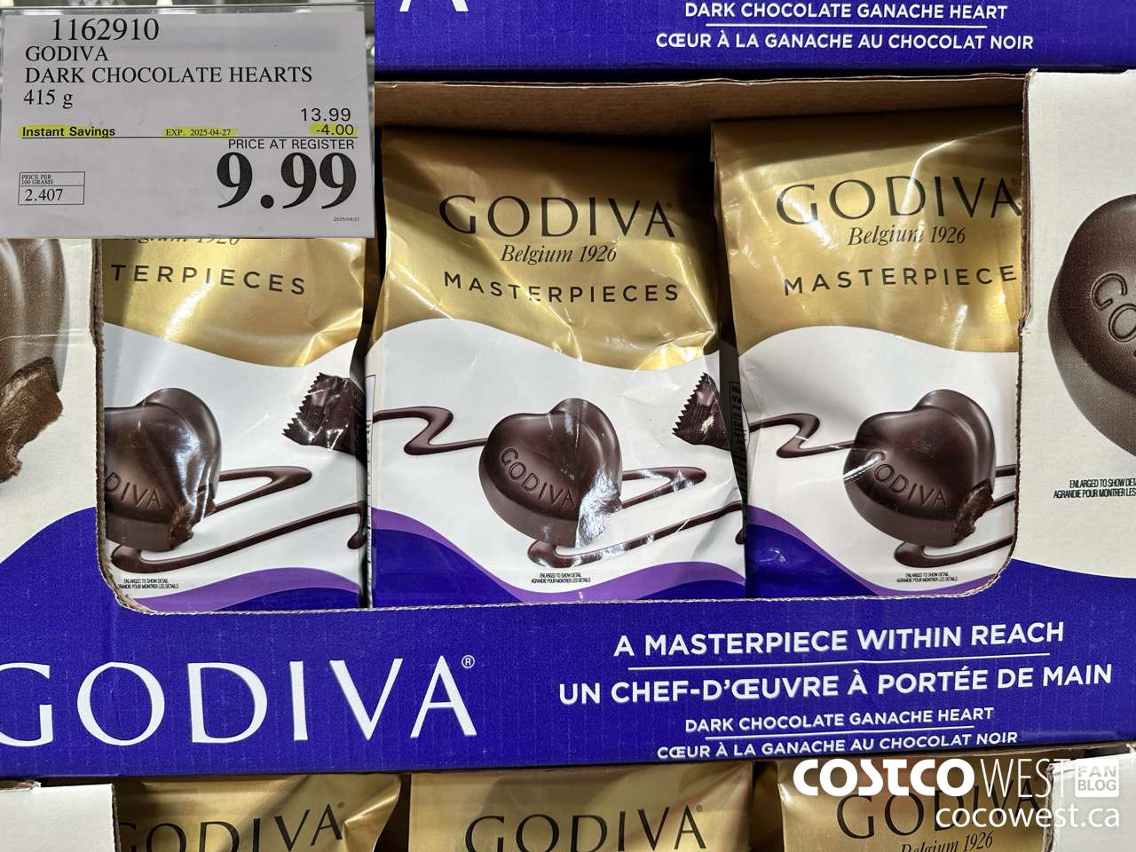 1162910 GODIVA DARK CHOCOLATE HEARTS 415 G ($4.00 INSTANT SAVINGS EXPIRES ON 2025-04-27) $9.99