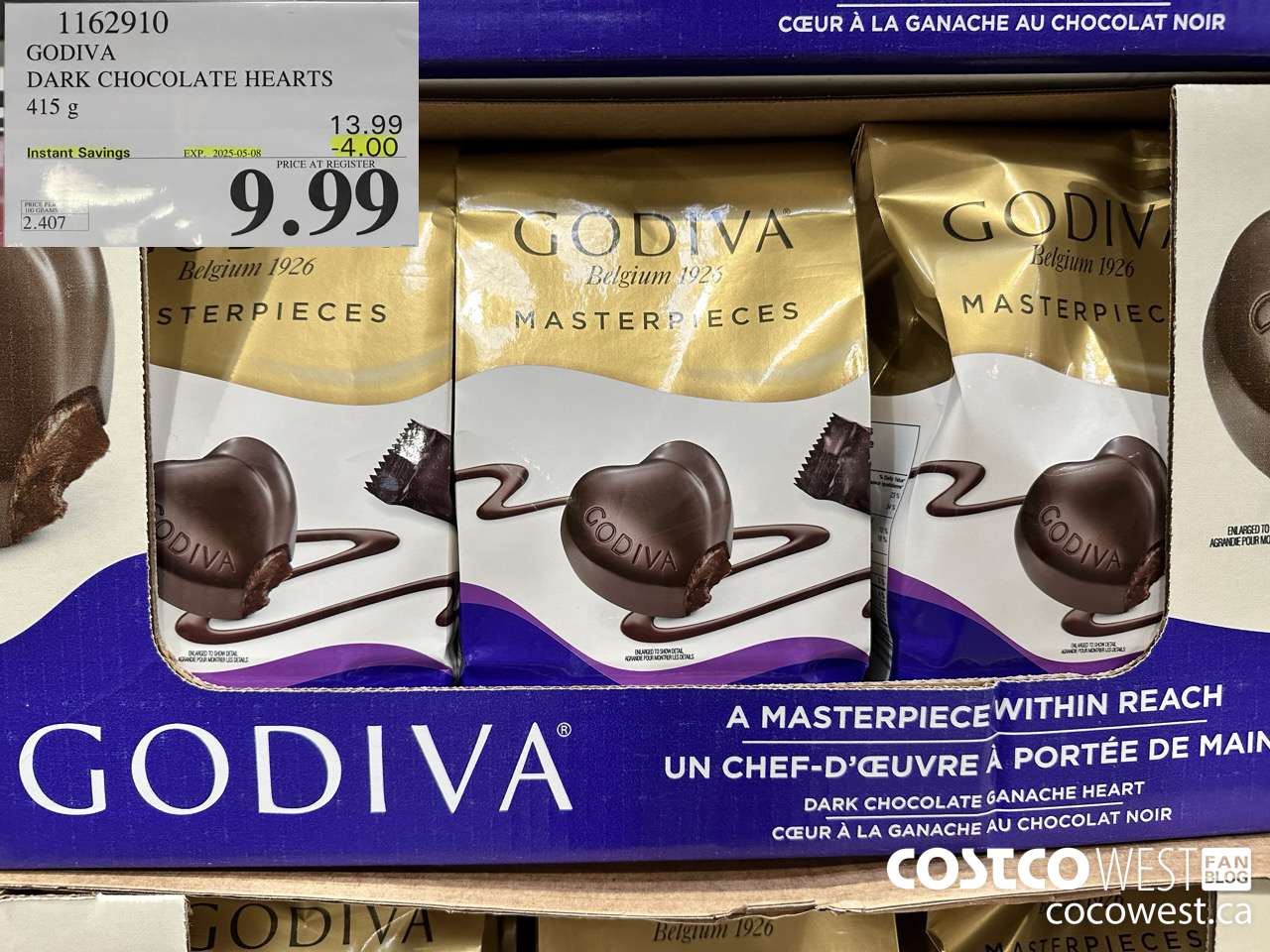 1162910 GODIVA DARK CHOCOLATE HEARTS 415 G ($4.00 INSTANT SAVINGS EXPIRES ON 2025-05-08) $9.99