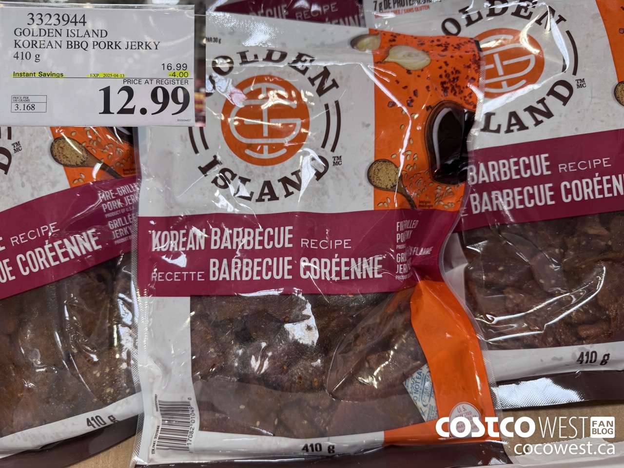 3323944 GOLDEN ISLAND KOREAN BBQ PORK JERKY 410G ($4.00 INSTANT SAVINGS EXPIRES ON 2025-04-13) $12.99