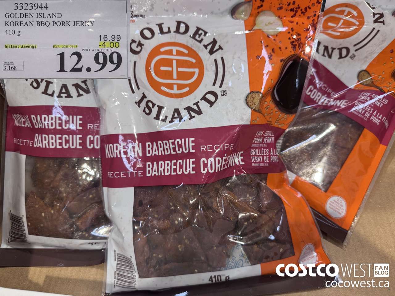 3323944 GOLDEN ISLAND KOREAN BBQ PORK JERKY 410G ($4.00 INSTANT SAVINGS EXPIRES ON 2025-04-13) $12.99