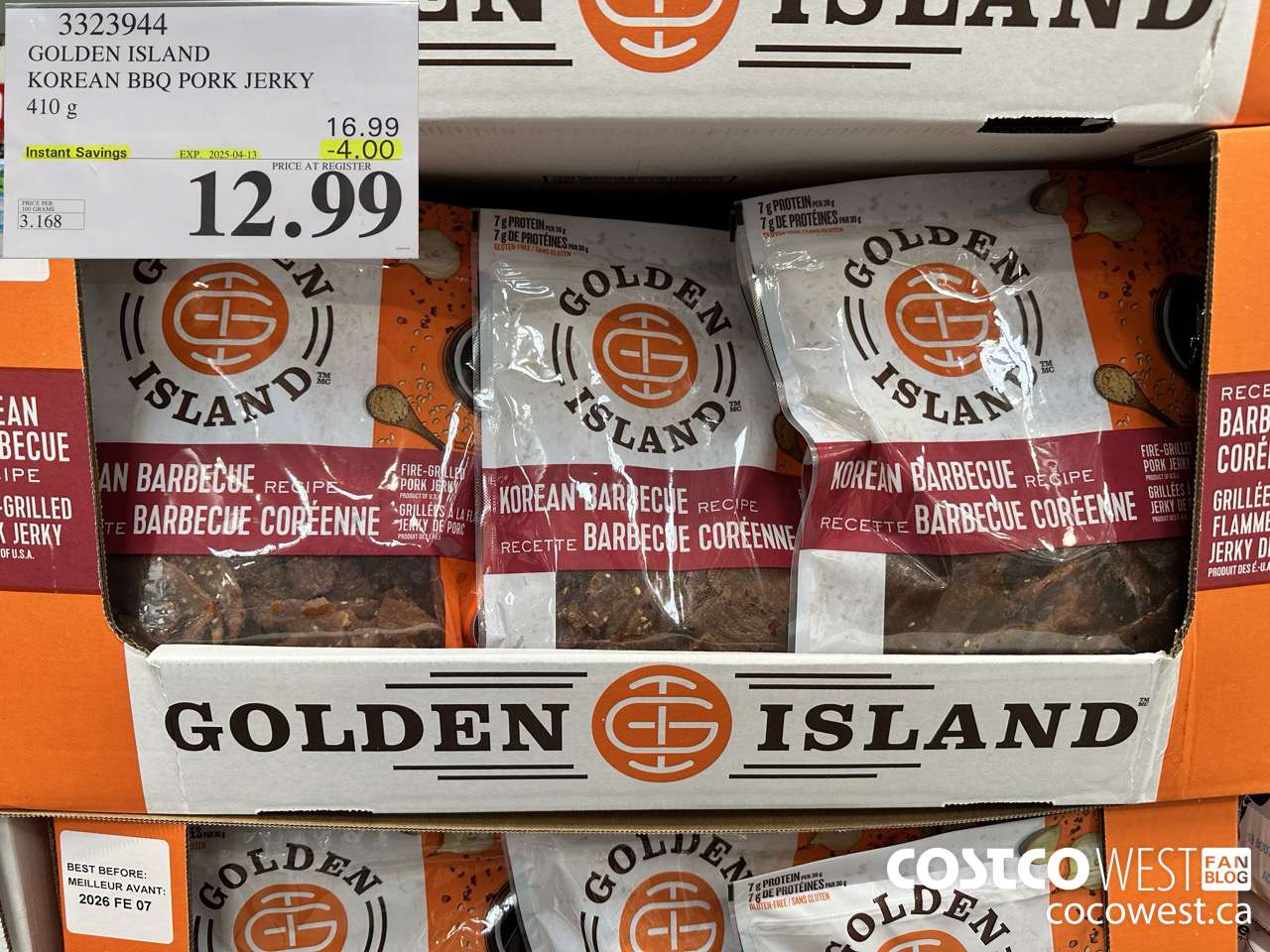 3323944 GOLDEN ISLAND KOREAN BBQ PORK JERKY 410G ($4.00 INSTANT SAVINGS EXPIRES ON 2025-04-13) $12.99