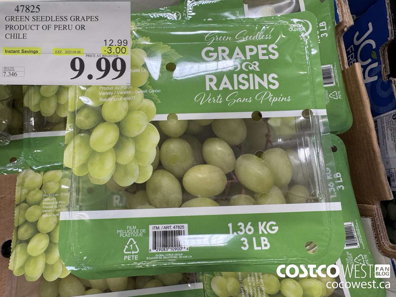47825 GREEN SEEDLESS GRAPES PRODUCT OF PERU OR CHILE ($3.00 INSTANT SAVINGS EXPIRES ON 2025-04-06) $9.99
