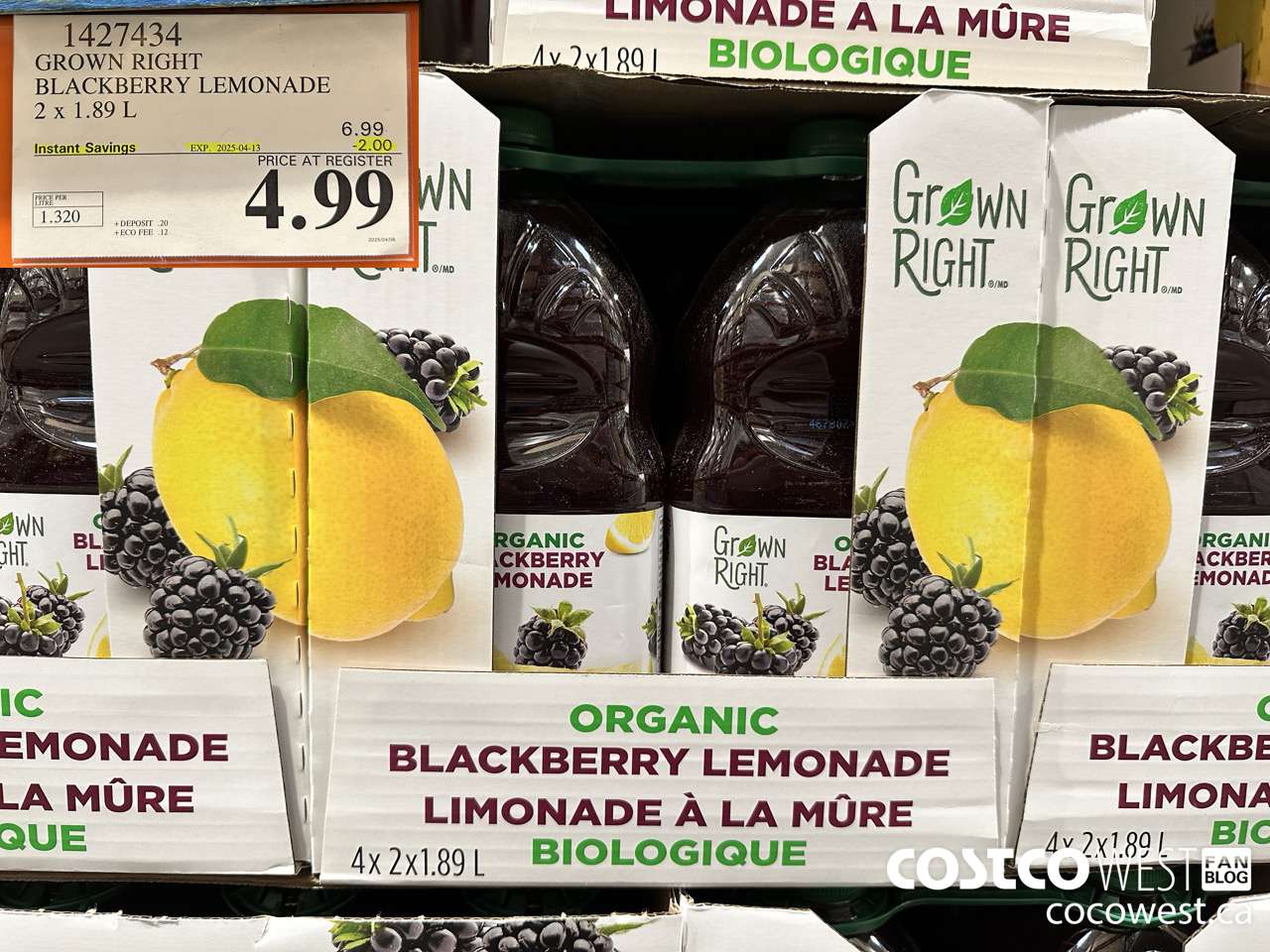 1427434 GROWN RIGHT ORGANIC BLACKBERRY LEMONADE 2 X 1.89L ($2.00 INSTANT SAVINGS EXPIRES ON 2025-04-13) $4.99