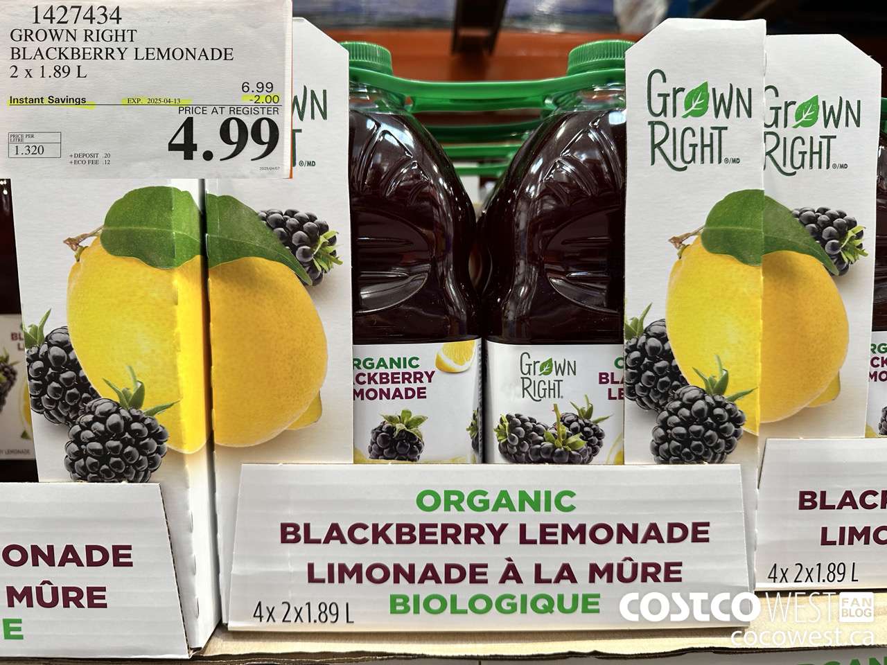 1427434 GROWN RIGHT ORGANIC BLACKBERRY LEMONADE 2 X 1.89L ($2.00 INSTANT SAVINGS EXPIRES ON 2025-04-13) $4.99