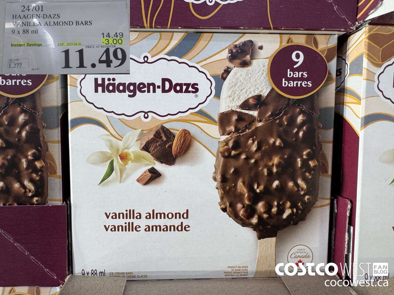 24701 HAAGEN-DAZS VANILLA ALMOND BARS 9 x 88 ml ($3.00 INSTANT SAVINGS EXPIRES ON 2025-04-20) $11.49