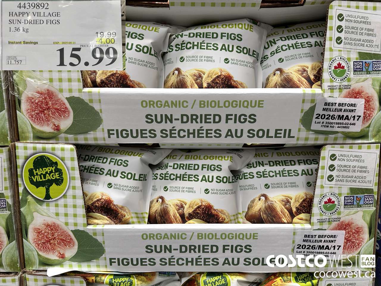 4439892 HAPPY VILLAGE ORGANIC SUN-DRIED FIGS 1.36KG ($4.00 INSTANT SAVINGS EXPIRES ON 2025-05-11) $15.99