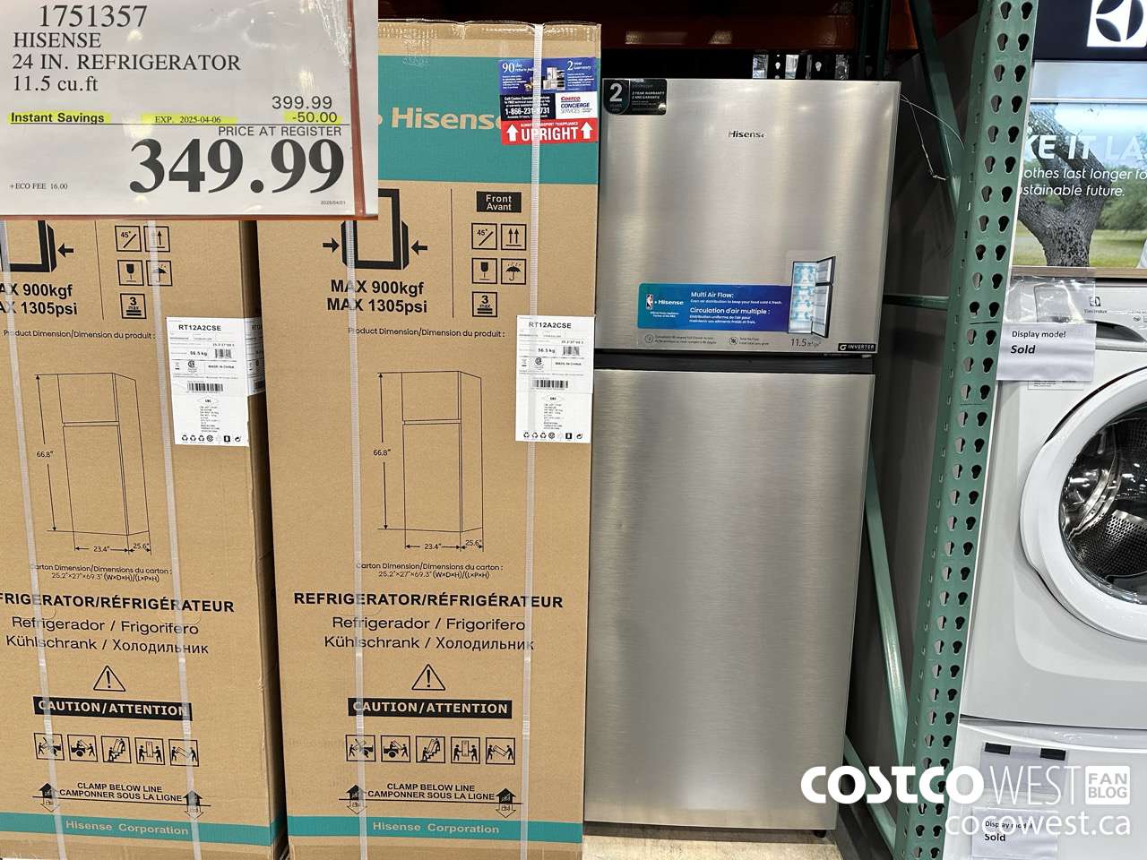 1751357 HISENSE 24 IN. REFRIGERATOR 11.5 CUFT ($50.00 INSTANT SAVINGS EXPIRES ON 2025-04-06) $349.99