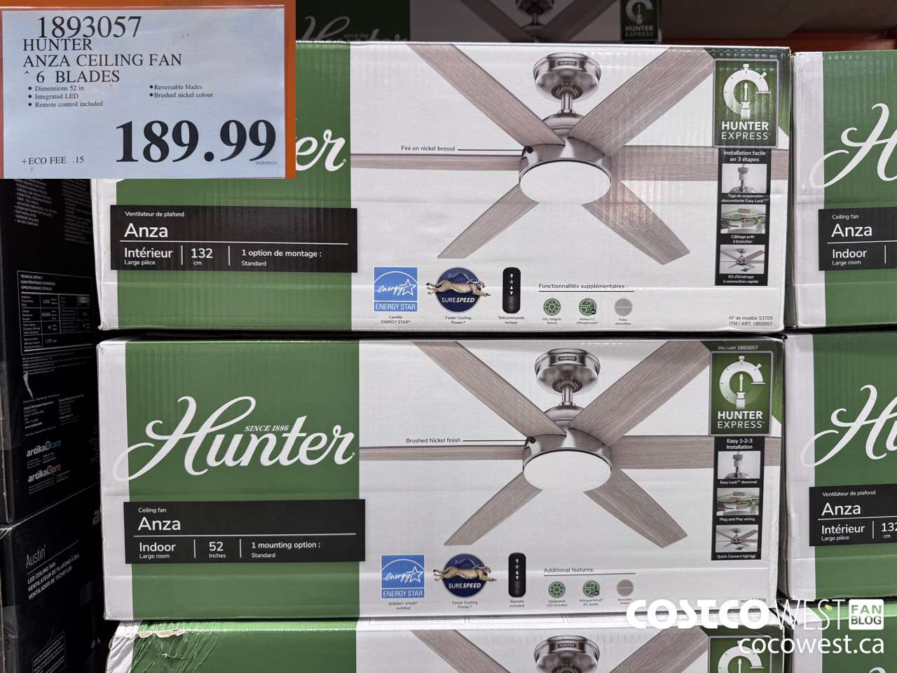 1893057 HUNTER ANZA CEILING FAN 6 BLADES $189.99