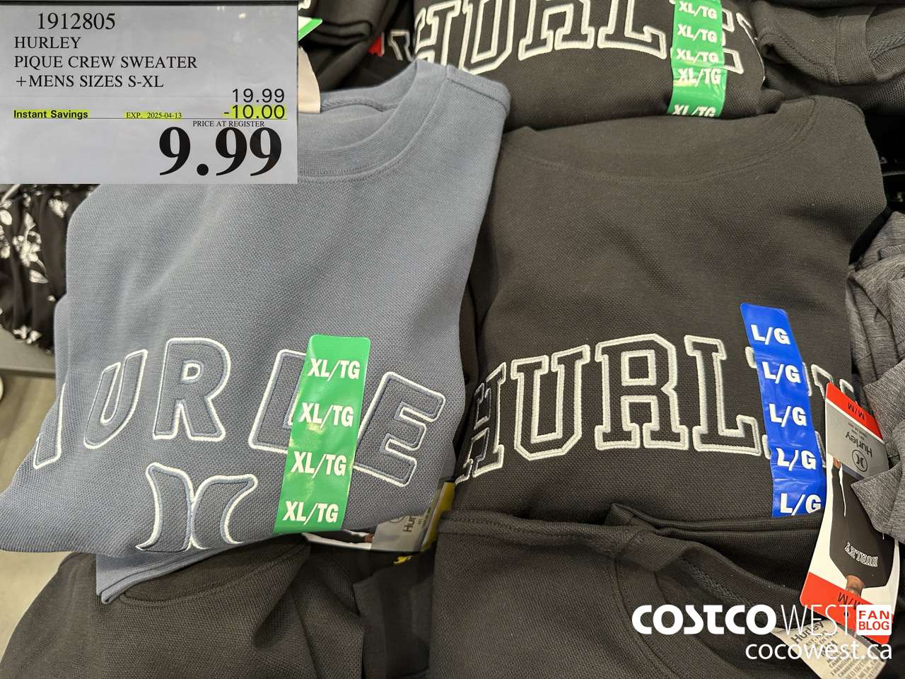 1912805 HURLEY PIQUE CREW SWEATER MENS SIZES S-XL ($10.00 INSTANT SAVINGS EXPIRES ON 2025-04-13) $9.99