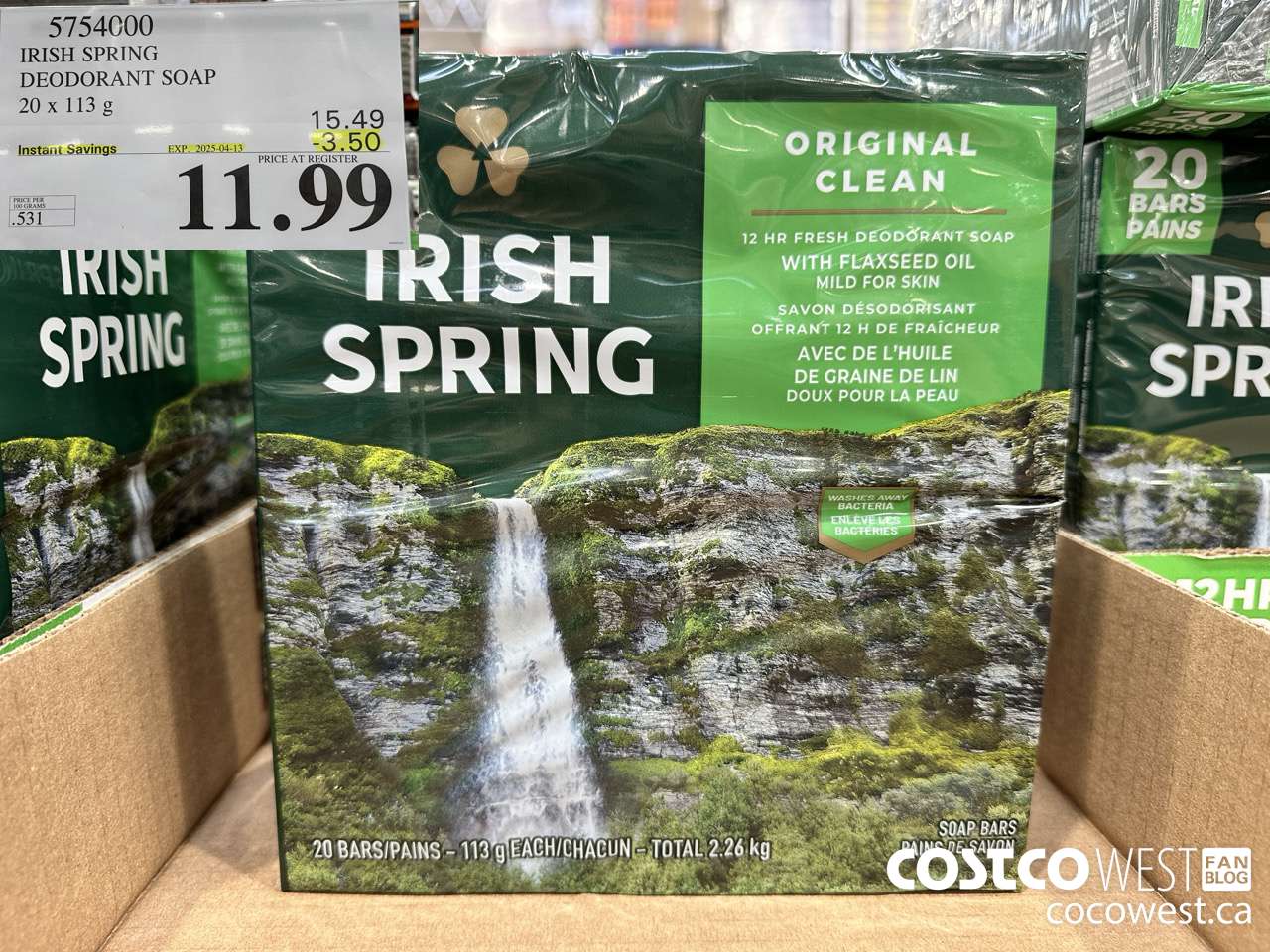 5754000 IRISH SPRING DEODORANT SOAP 20 x 113 g ($3.50 INSTANT SAVINGS EXPIRES ON 2025-04-13) $11.99