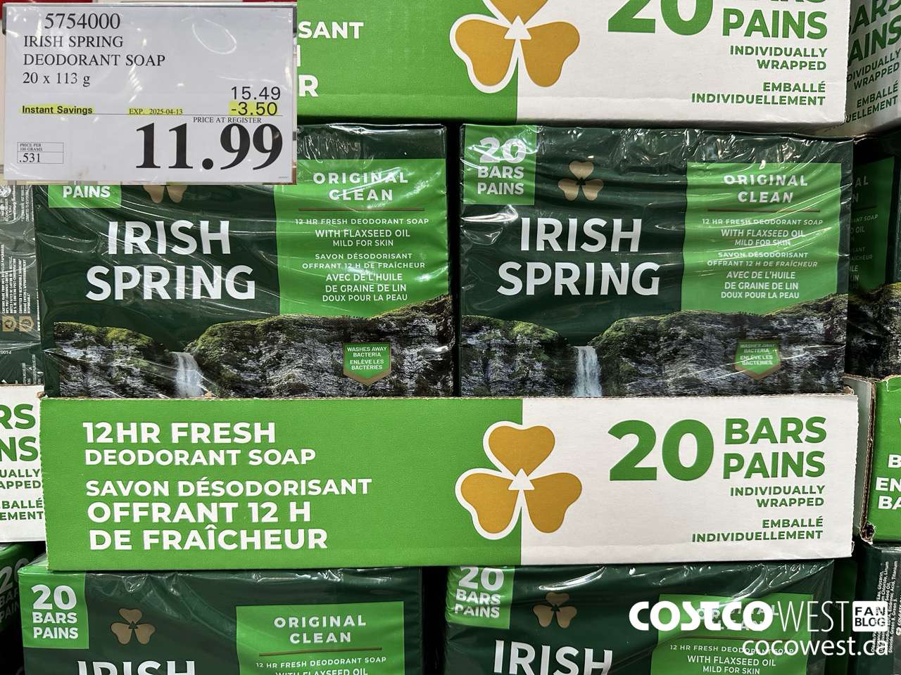 5754000 IRISH SPRING DEODORANT SOAP 20 x 113 g ($3.50 INSTANT SAVINGS EXPIRES ON 2025-04-13) $11.99