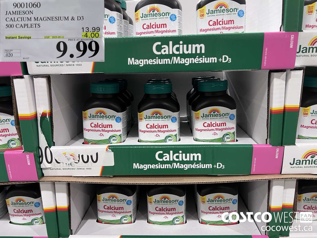 9001060 JAMIESON CALCIUM MAGNESIUM W/ VIT D 500 CAPLETS ($4.00 INSTANT SAVINGS EXPIRES ON 2025-05-11) $9.99