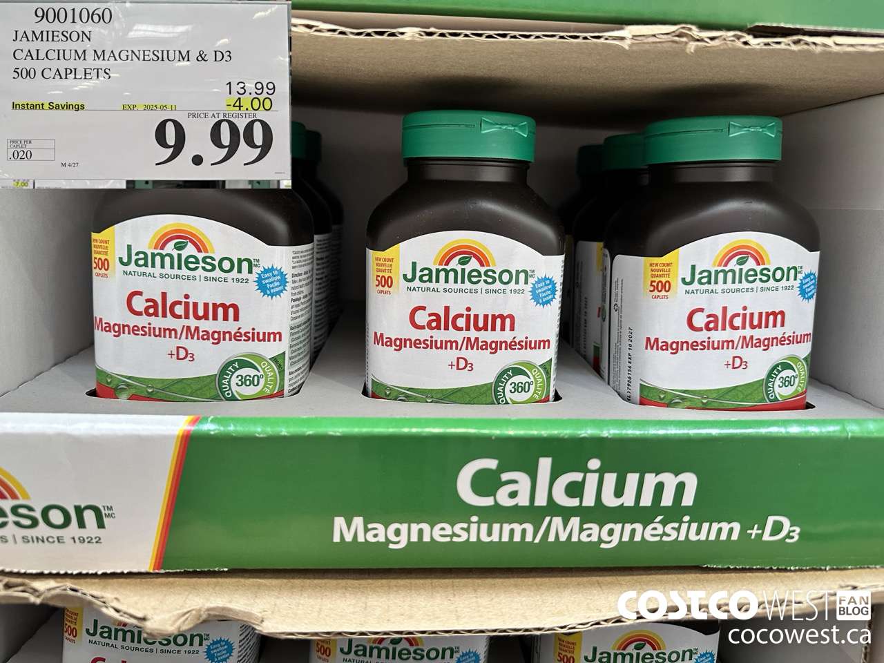9001060 JAMIESON CALCIUM MAGNESIUM W/ VIT D 500 CAPLETS ($4.00 INSTANT SAVINGS EXPIRES ON 2025-05-11) $9.99