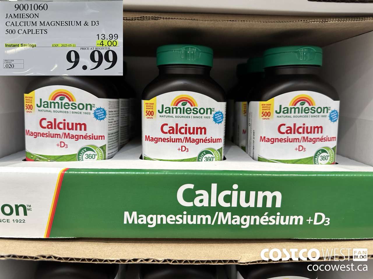 9001060 JAMIESON CALCIUM MAGNESIUM W/ VIT D 500 CAPLETS ($4.00 INSTANT SAVINGS EXPIRES ON 2025-05-11) $9.99