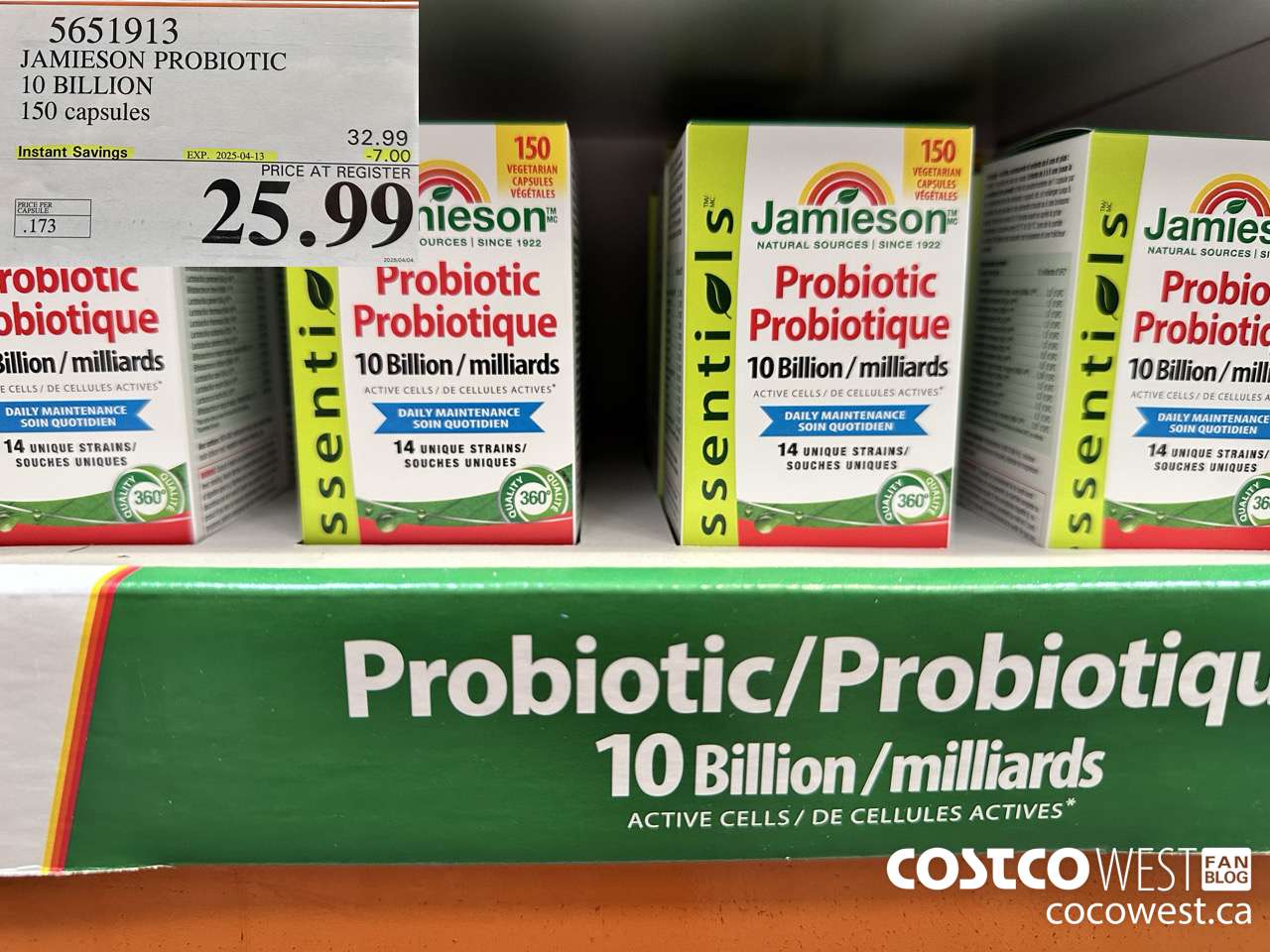 5651913 JAMIESON PROBIOTIC 10 BILLION 150 COUNT ($7.00 INSTANT SAVINGS EXPIRES ON 2025-04-13) $25.99