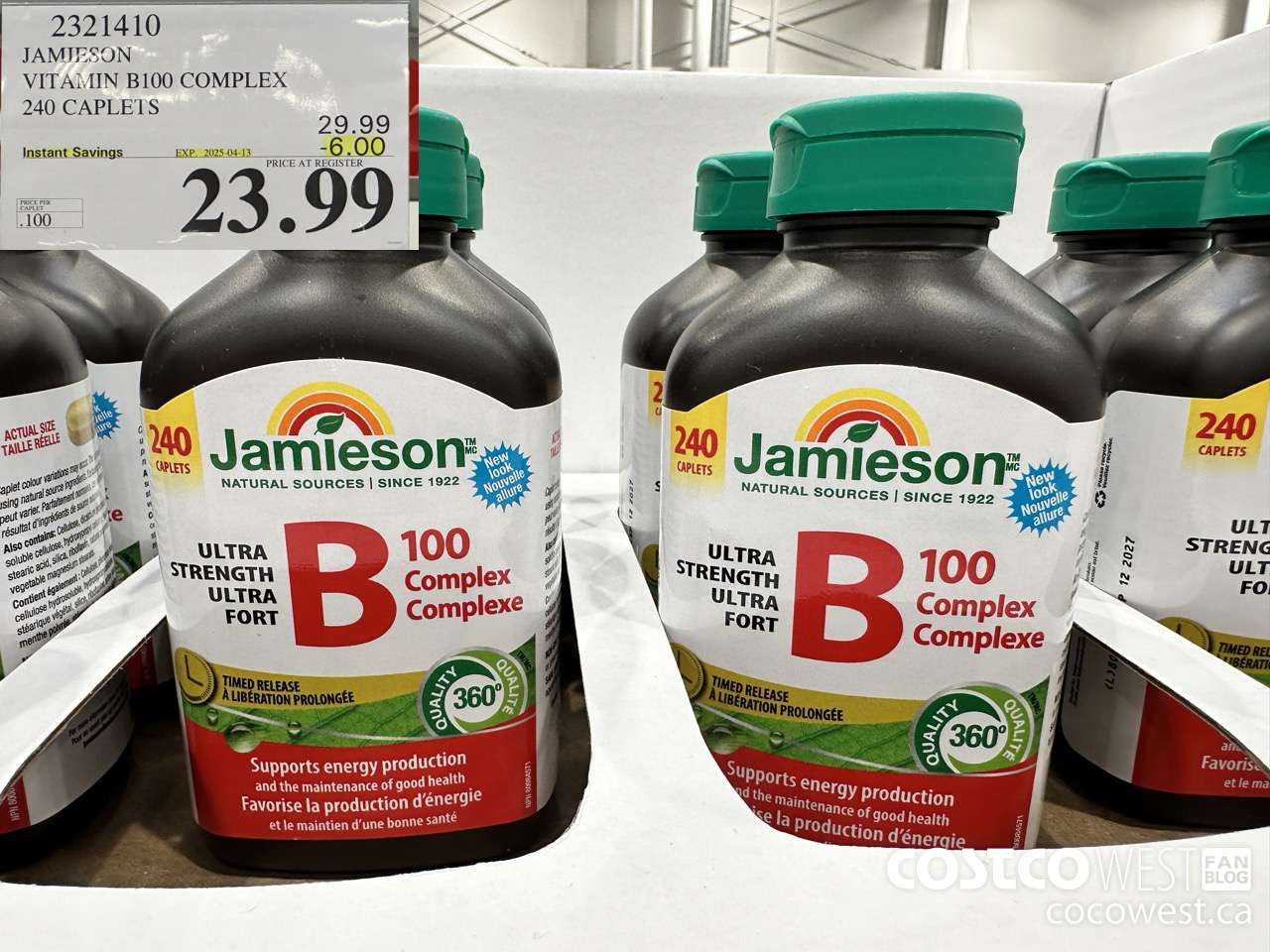 2321410 JAMIESON VITAMIN B100 COMPLEX 240 CAPLETS ($6.00 INSTANT SAVINGS EXPIRES ON 2025-04-13) $23.99