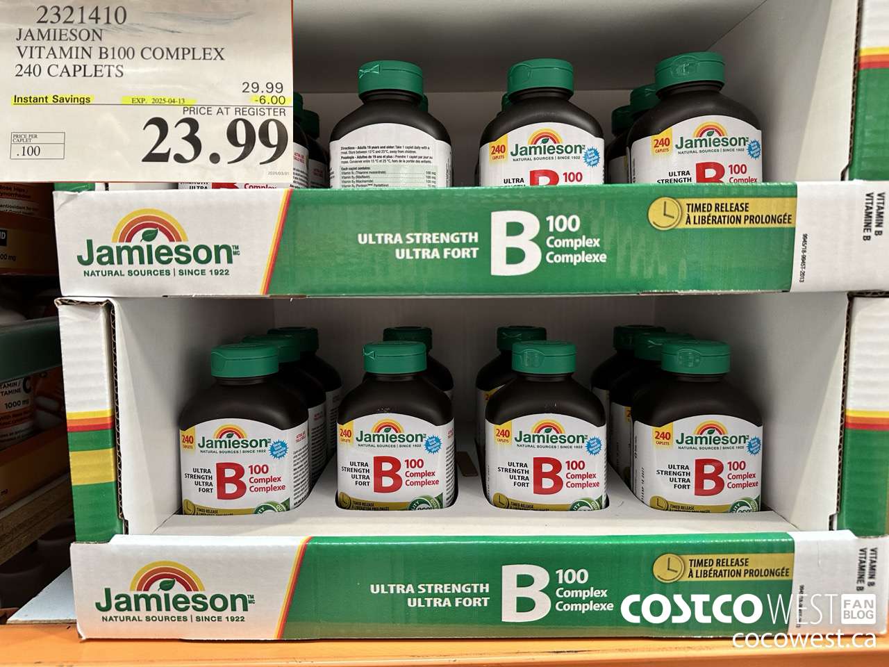 2321410 JAMIESON VITAMIN B100 COMPLEX 240 CAPLETS ($6.00 INSTANT SAVINGS EXPIRES ON 2025-04-13) $23.99