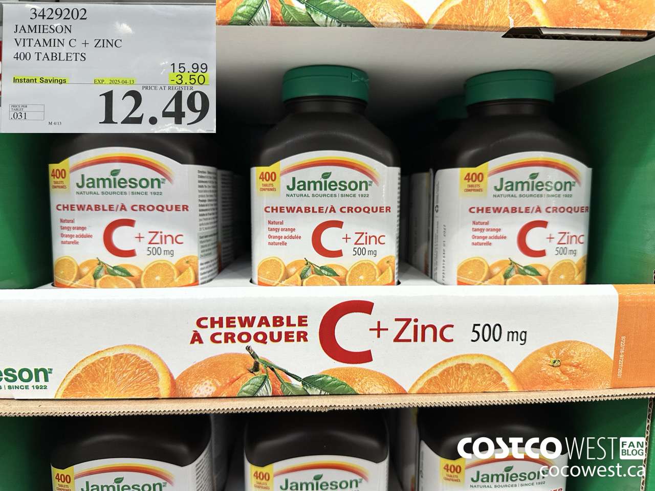 3429202 JAMIESON VITAMIN C+ZINC 500MG 400 TABLET ($3.50 INSTANT SAVINGS EXPIRES ON 2025-04-13) $12.49