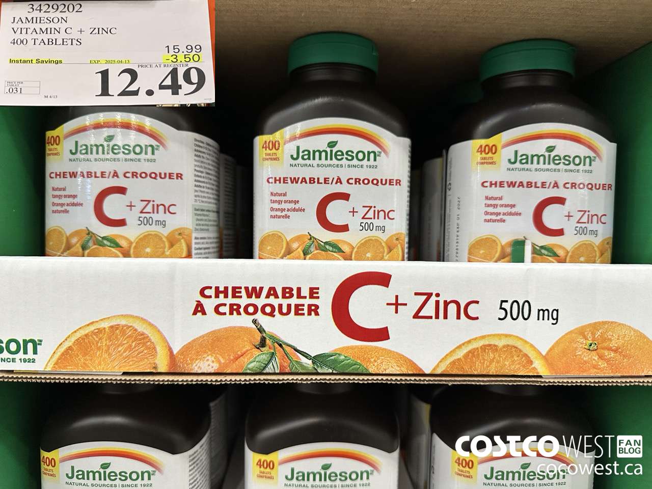 3429202 JAMIESON VITAMIN C+ZINC 500MG 400 TABLET ($3.50 INSTANT SAVINGS EXPIRES ON 2025-04-13) $12.49