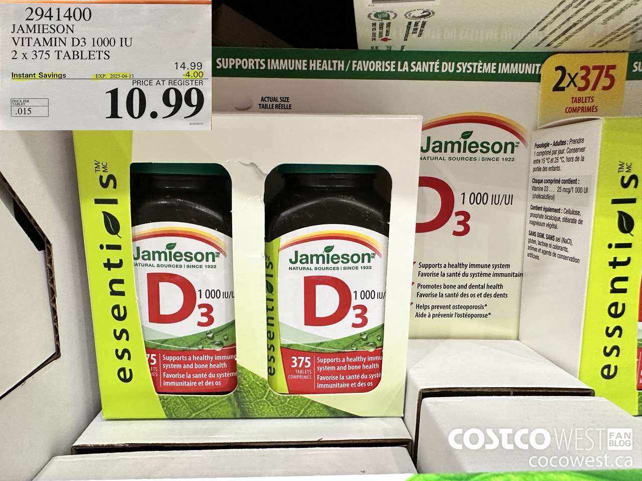 2941400 JAMIESON VITAMIN D3 1000IU 2X375 TABLETS ($4.00 INSTANT SAVINGS EXPIRES ON 2025-04-13) $10.99
