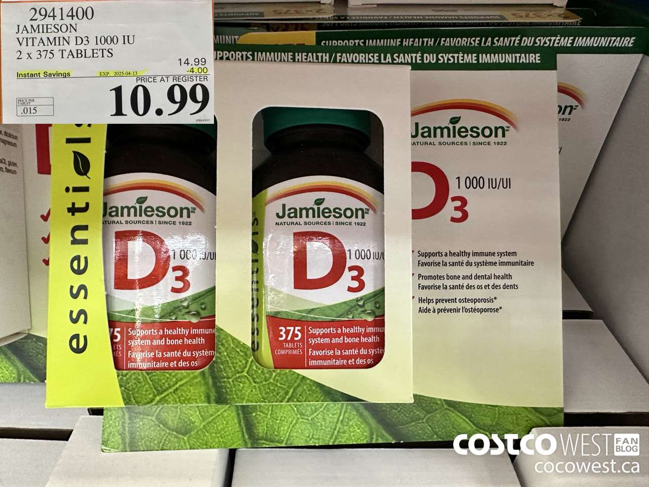 2941400 JAMIESON VITAMIN D3 1000IU 2X375 TABLETS ($4.00 INSTANT SAVINGS EXPIRES ON 2025-04-13) $10.99