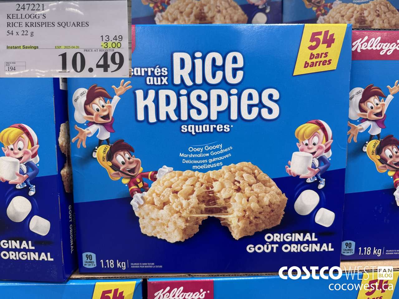 247221 KELLOGG'S RICE KRISPIES SQUARES 54 X 22 G ($3.00 INSTANT SAVINGS EXPIRES ON 2025-04-20) $10.49