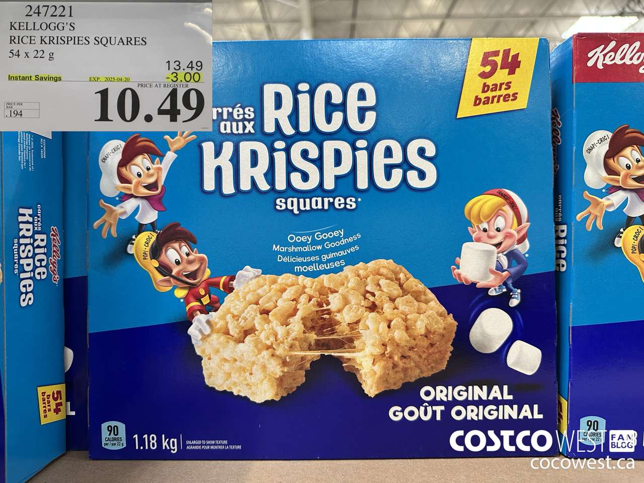 247221 KELLOGG'S RICE KRISPIES SQUARES 54 X 22 G ($3.00 INSTANT SAVINGS EXPIRES ON 2025-04-20) $10.49