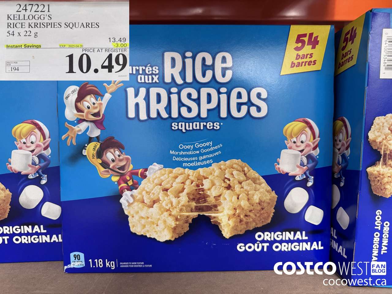 247221 KELLOGG'S RICE KRISPIES SQUARES 54 X 22 G ($3.00 INSTANT SAVINGS EXPIRES ON 2025-04-20) $10.49