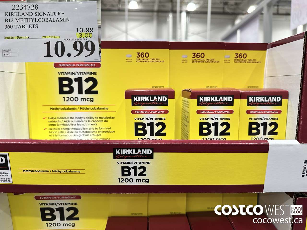 2234728 KIRKLAND SIGNATURE B12 METHYLCOBALAMIN 1200MCG 360 TABLETS ($3.00 INSTANT SAVINGS EXPIRES ON 2025-04-13) $10.99
