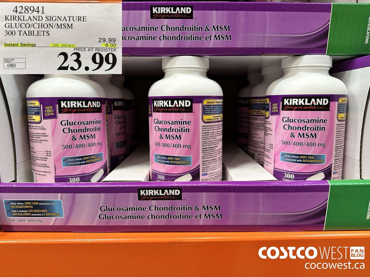 428941 KIRKLAND SIGNATURE GLUCO/CHON/MSM 300 TABLETS ($6.00 INSTANT SAVINGS EXPIRES ON 2025-04-13) $23.99