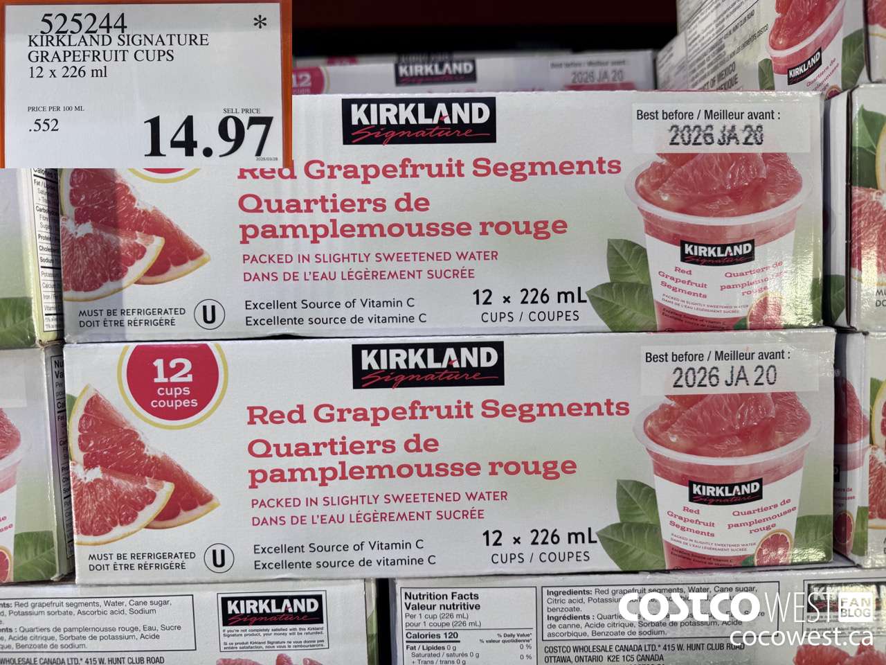 525244 KIRKLAND SIGNATURE GRAPEFRUIT CUPS 12 X 226 ML $14.97