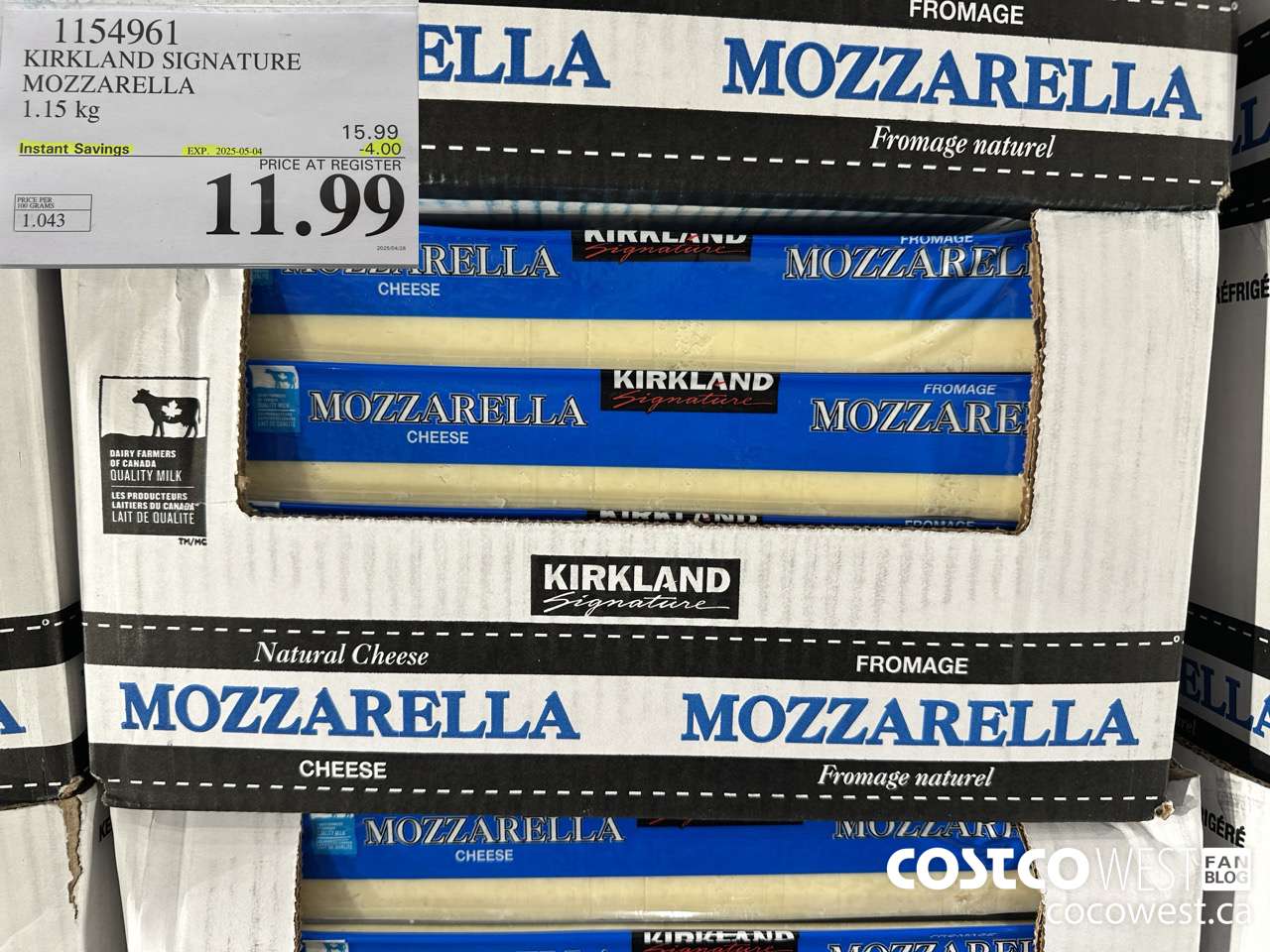 1154961 KIRKLAND SIGNATURE MOZZARELLA 1.15 KG ($4.00 INSTANT SAVINGS EXPIRES ON 2025-05-04) $11.99