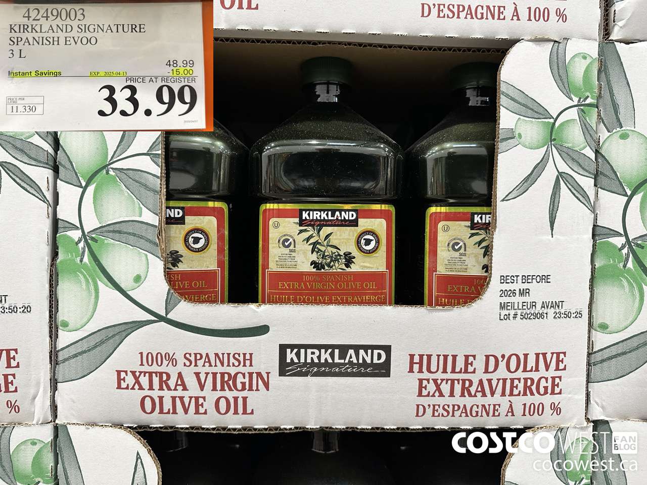 4249003 KIRKLAND SIGNATURE SPANISH EVOO 3L ($15.00 INSTANT SAVINGS EXPIRES ON 2025-04-13) $33.99