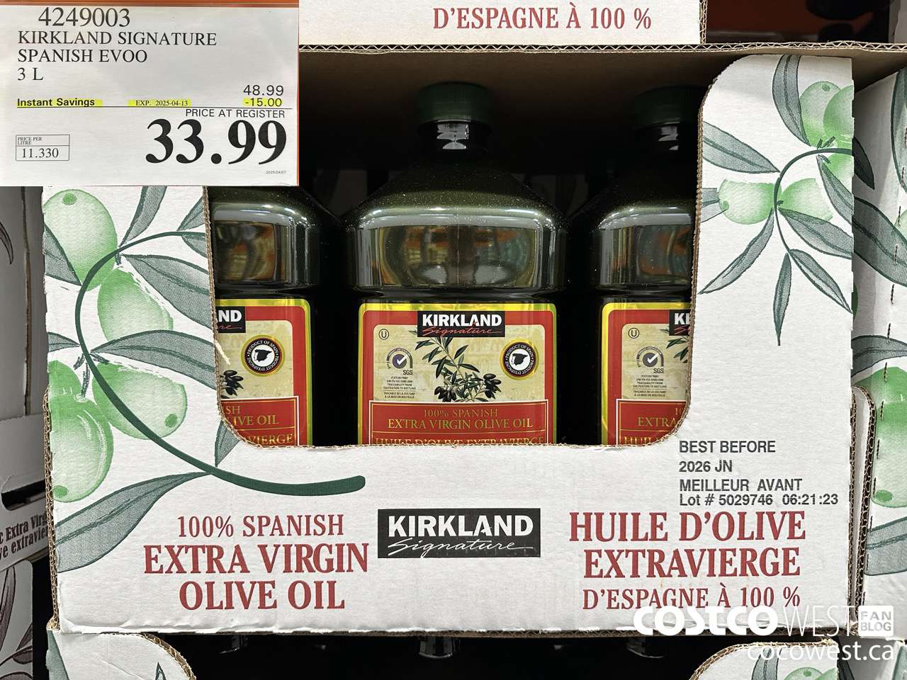 4249003 KIRKLAND SIGNATURE SPANISH EVOO 3L ($15.00 INSTANT SAVINGS EXPIRES ON 2025-04-13) $33.99
