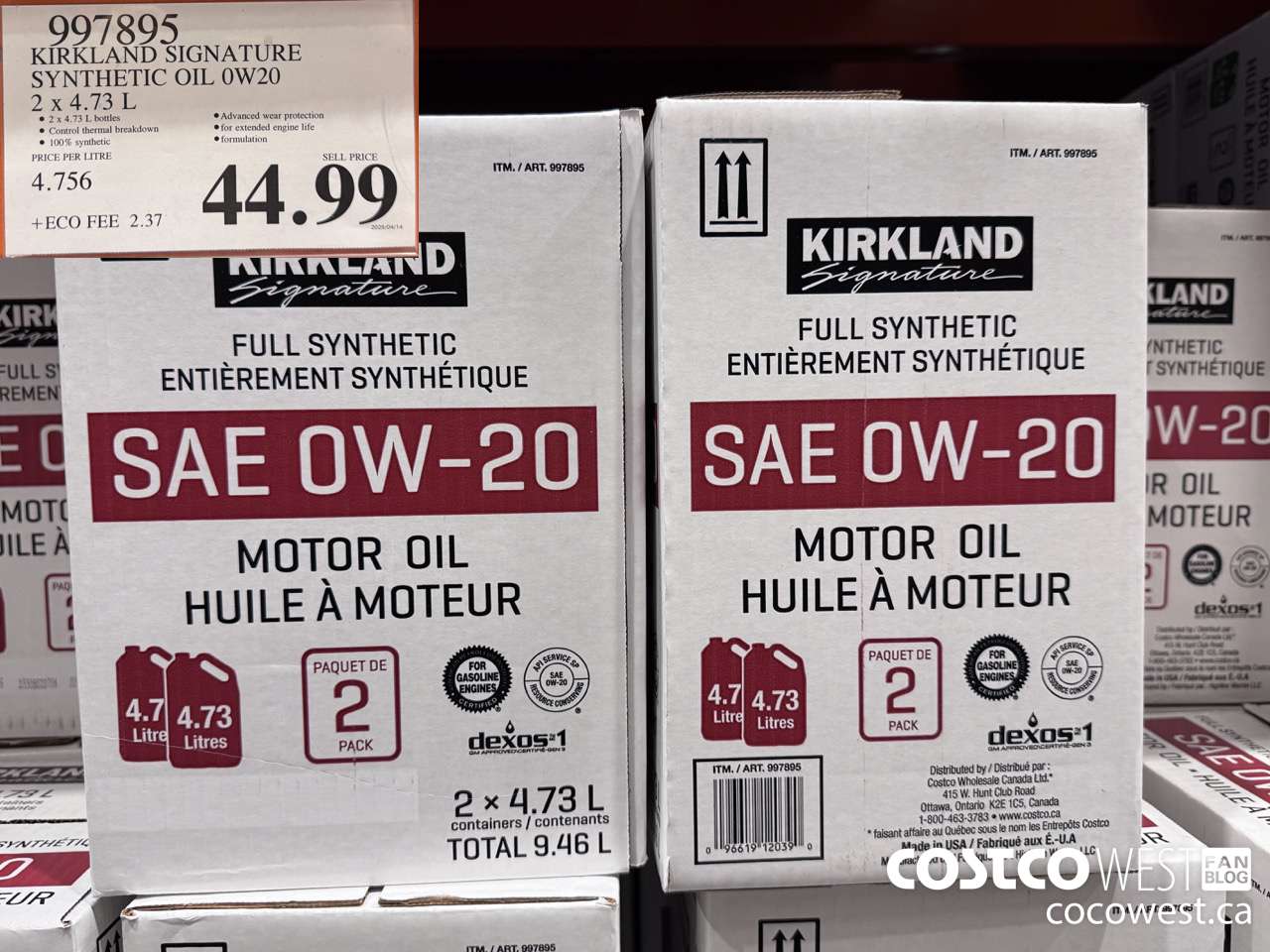 997895 KIRKLAND SIGNATURE SYNTHETIC OIL 0W20 4.73L PACK OF 2 $44.99