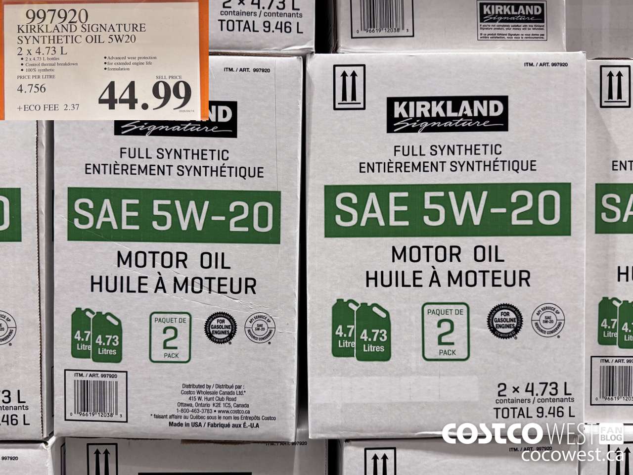 997920 KIRKLAND SIGNATURE SYNTHETIC OIL 5W20 4.73L PACK OF 2 $44.99