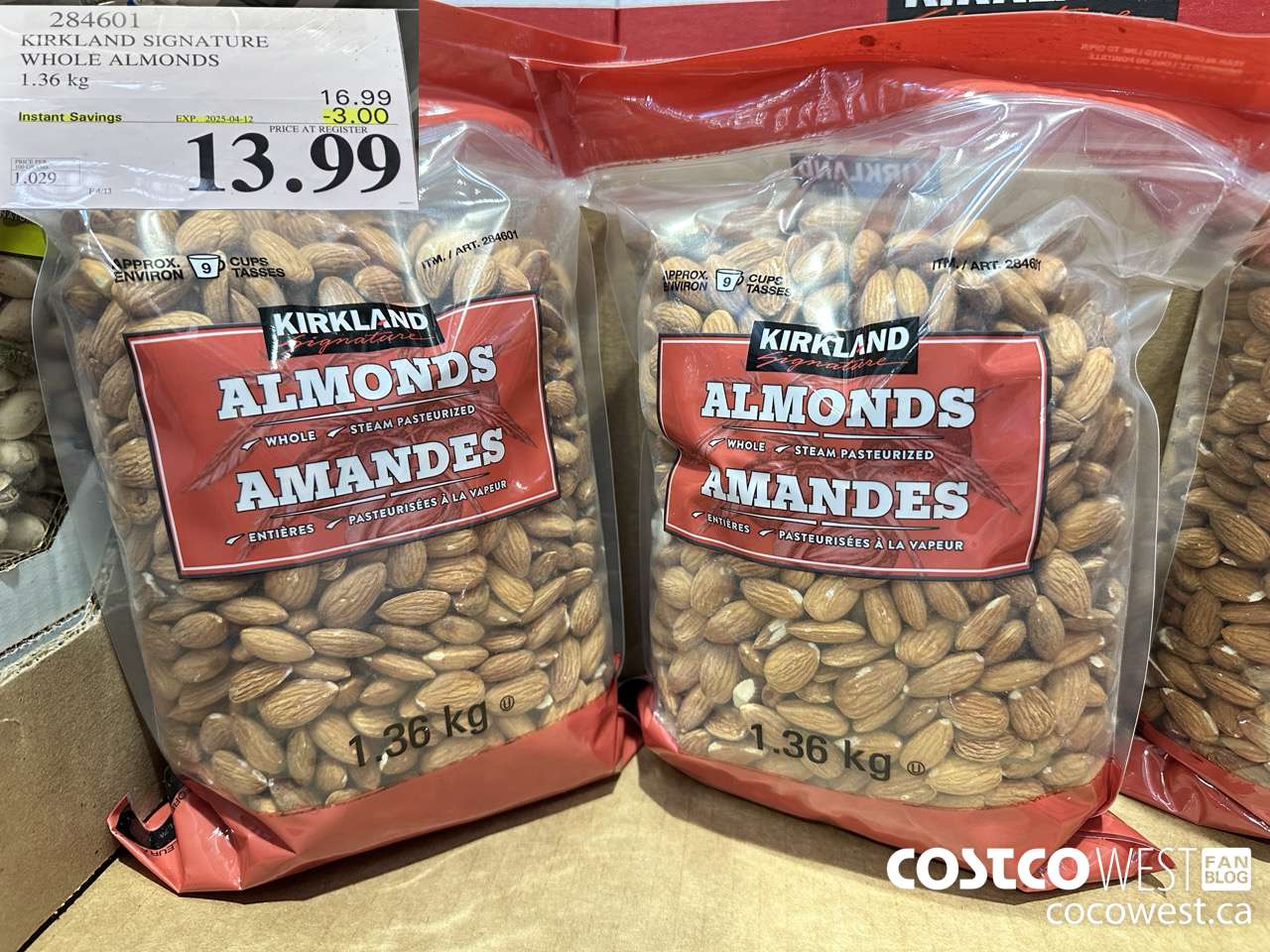 284601 KIRKLAND SIGNATURE WHOLE ALMONDS 1.36 kg ($3.00 INSTANT SAVINGS EXPIRES ON 2025-04-12) $13.99