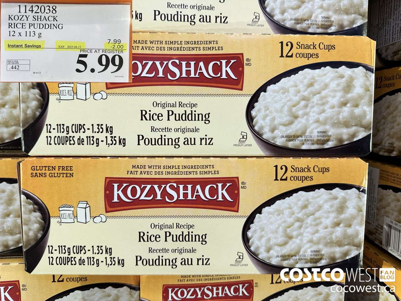 1142038 KOZY SHACK RICE PUDDING 12 x 113 g ($2.00 INSTANT SAVINGS EXPIRES ON 2025-04-13) $5.99
