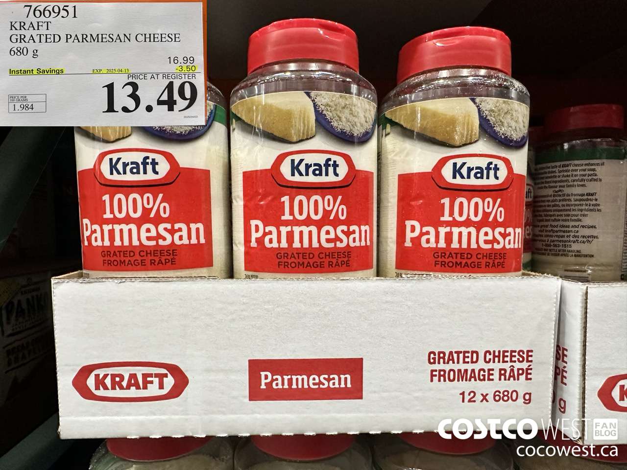 766951 KRAFT PARMESAN CHEESE 680 g ($3.50 INSTANT SAVINGS EXPIRES ON 2025-04-13) $13.49