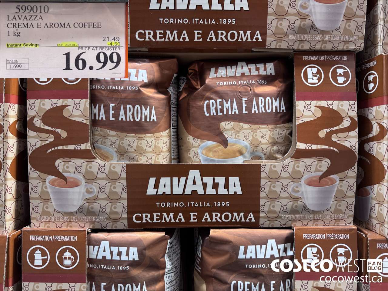 599010 LAVAZZA CREMA & AROMA COFFEE 1KG ($4.50 INSTANT SAVINGS EXPIRES ON 2025-04-27) $16.99